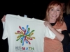 Kari Byron of MythBusters showing off a MoMath T-shirt
